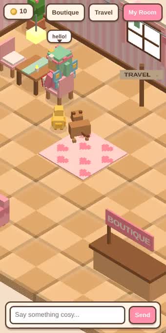 Walking across the lobby, sitting down at a table and saying hello