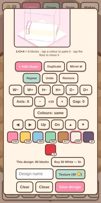 Repeating one shape into a row of ten, then alternating the colours